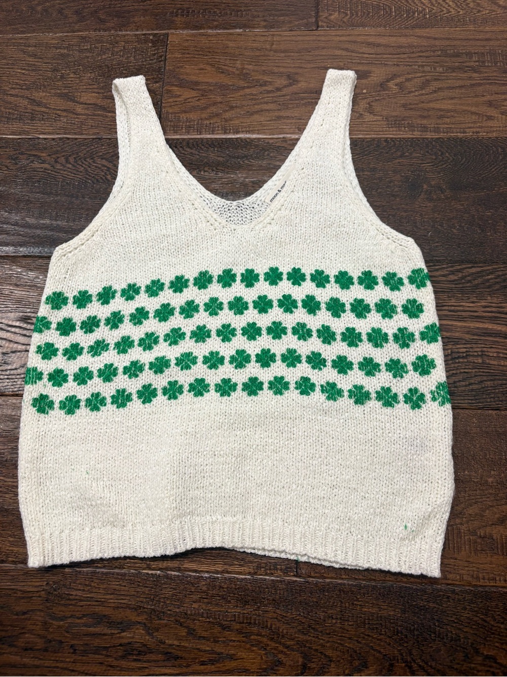 moon & madison Cream Knit Tank with Green Clover Rows
